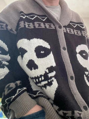 Unisex Skull Knitted Wool Collared Street Cardigan Sweater