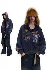 Hip-hop Graffiti Print Zip-up Hooded Coat