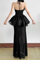 Goth Dark Halter Mesh Stitch Hem Backless Maxi Dress