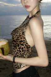 Y2K Leopard Print Mesh Halter Crop Top