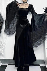 Halloween Gothic Vintage Velvet Spider Web Flare Sleeve Maxi Dress