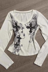 Vintage Gothic Letter Print V-Neck Loose T-shirt