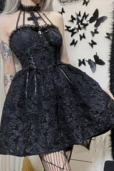 Black Gothic Jacquard Ruched Bandage A-line Mini Dress