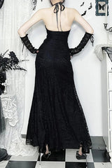 Cyber Y2K Halter Lace Pleat Hem Bodycon Maxi Dress