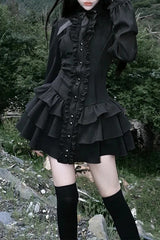 Black Gothic Lace O Neck Long Sleeve Slim Lolita Mini Dress