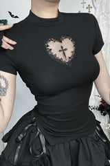 Gothic Cutout Cross Mock Neck T-Shirt