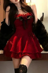 Plush Coat Rose Bow Gothic Y2K Lolita Mini Dress