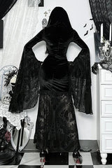 Dark Goth Flocking Lace Batwing Sleeve Hooded Maxi Dress