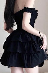 Black Off Shoulder Fringed Suspender Mini Dress