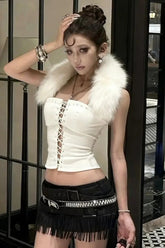 Furry Patchwork Halter Backless Corset