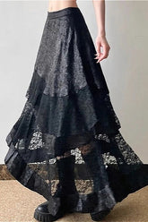 High Waist Asymmetric Lace Sheer Skirt