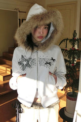 Vintage Star Print Fur Collar Hoodie