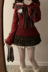 Y2K Christmas Off Shoulder Red Vintage Slim Knit Sweater