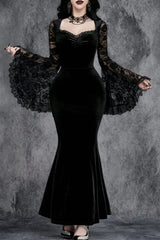 Gothic Vintage Lace Patchwork See Through Flare Sleeve Maxi Dress