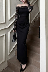 Gothic Off-the-Shoulder Lace Patchwork Maxi Dress