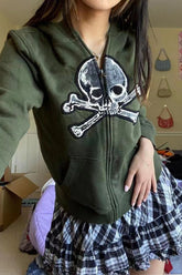 Skull Print Zip Up Hoodie