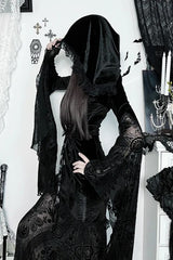 Dark Goth Flocking Lace Batwing Sleeve Hooded Maxi Dress
