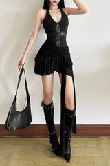 Patchwork Cross Sequins Halter Backless Mesh Mini Dress