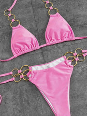 Solid Color Metal Buckle Backless Swimwear