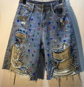 Rhinestone Detail Distressed Denim Shorts