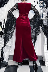 Goth Dark Lace Patchwork Velvet Flare Sleeve Maxi Dress