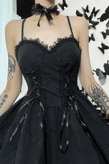 Black Gothic Jacquard Tie Up Lace Trim A-line Mini Dress