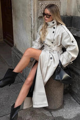 Beige Double-breasted Lapel Belted Trench Coat