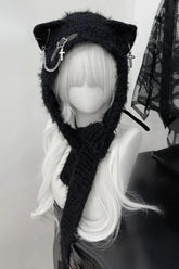Harajuku Cat Ear Cross Chain Leather Buckle Knitted Winter Hat