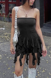 Ruffle Tassel Backless Irregular Strapless Y2K Bodycon Mini Dress