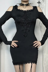 Goth Dark Embroidery Off Shoulder Bodycon Mini Dress