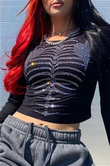 Punk Rhinestone Skull Long Sleeve Crop Top