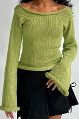 Premium Off Shoulder Solid Color Slim Long Sleeve Sweater