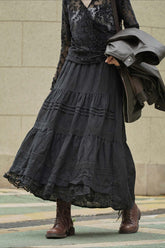 Slouchy Vintage Patchwork Floral Ruffle A-Line Maxi Skirt