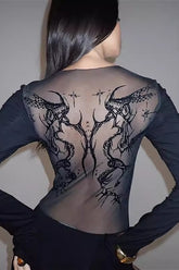 Sexy Dark Print Sheer Mesh Top
