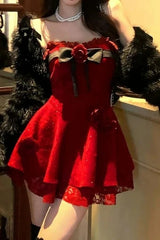 Plush Coat Rose Bow Gothic Y2K Lolita Mini Dress