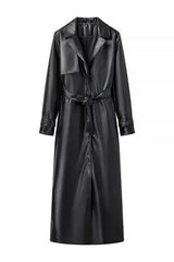 Vintage PU Leather Belted Long Trench Coat