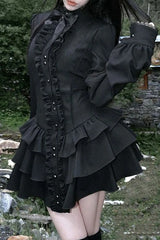 Black Gothic Lace O Neck Long Sleeve Slim Lolita Mini Dress