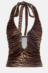 Y2K Vintage Deep V Neck Animal Print Halter Top