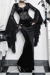 Dark Gothic Lace Fitted Flared-sleeve Hollow-out Maxi Dress