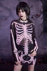 Skull Print Sheer Long Sleeve Mesh Top
