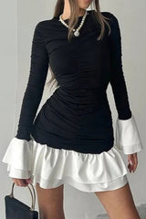 Contrast Ruffled Ruched High Waist Slim Mini Dress
