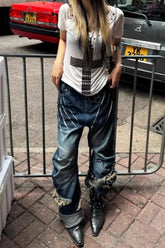 White Rhinestone Slim V-Neck Sheer T-shirt