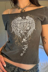 Y2K Wing Graphic Off-Shoulder T-Shirt