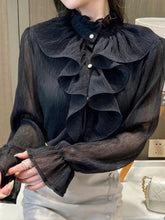 Ruffled Flare Sleeve Mesh Blouse