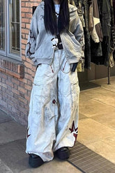 Cyber Washed Embroidered Patch Curved Denim Pants