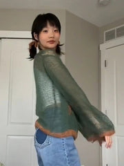 Y2K Pentagram Hollow Out Crochet Long Sleeve Sweater