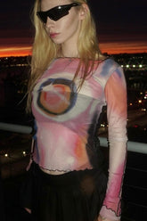 Round Neck Long Sleeve Print Mesh Top