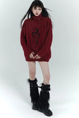 Y2K Grunge Red Zipper Print Oversized Streetwear Sweater