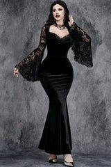Gothic Vintage Lace Patchwork See Through Flare Sleeve Maxi Dress
