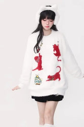 Adorable Cat Print Christmas Round Neck Women's Knit Sweater